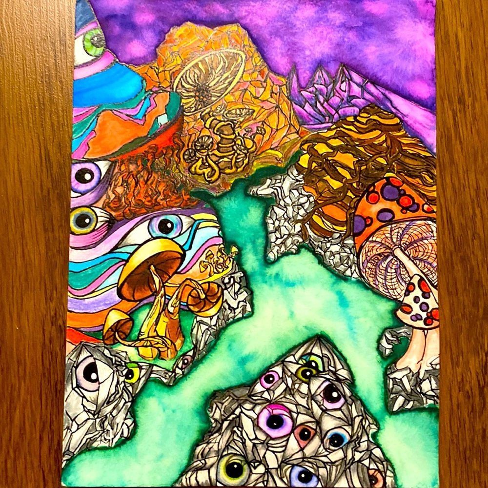 Unframed Original Art Surreal Watercolour Painting Mushrooms Eyes Waterscape